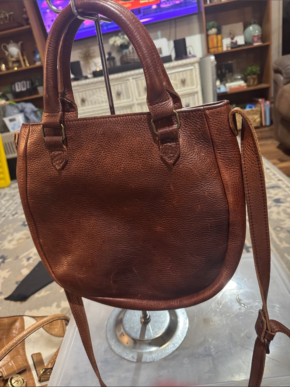 Classic Brown Leather Satchel with Top Handles and Crossbody Strap